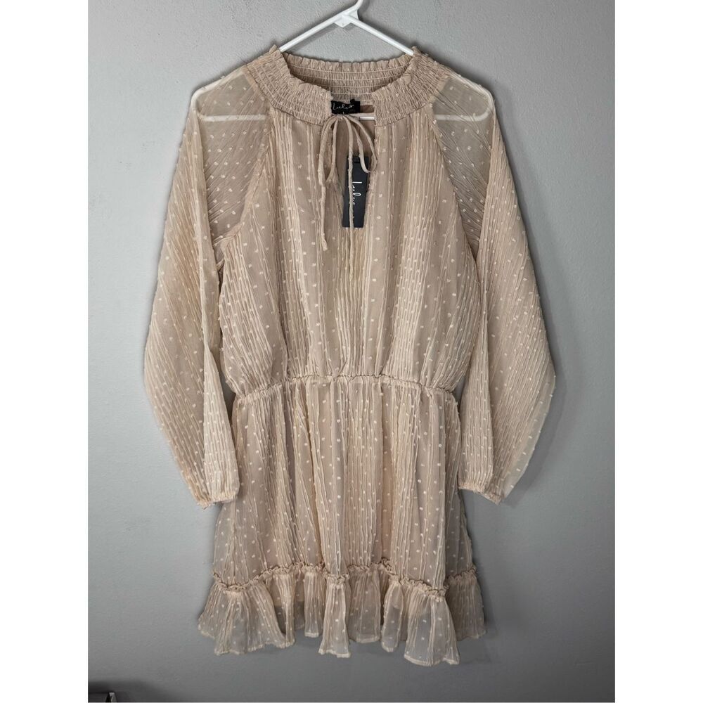 NWT lulu’s No Ordinary Love Cream Flowy Dot Long Sleeve Mini Dress Size Large - Picture 6 of 11